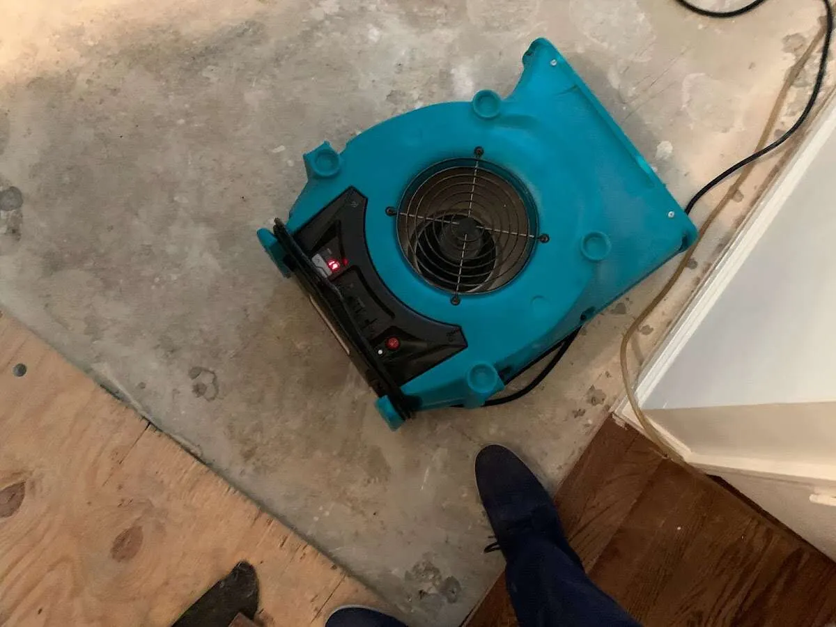 Air mover drying subfloor during Leak Detection & Repair in Artesia